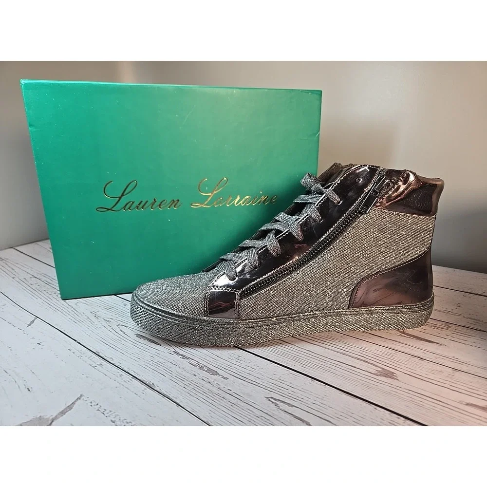 Lauren Lorraine Skippy Sz 10 Pewter High Top Sneaker Bling‎ Sparkle Fabulous